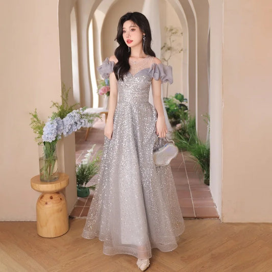 2026 Spring/Summer New Women's Sexy Glitter One Shoulder Banquet Evening Dress Fashionable Look Thin Long Back Strap Dress