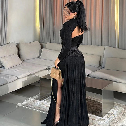 Black Evening Dress Elegant Long Sleeves Celebrity Gowns Delicate Beading Customized Party Dresses