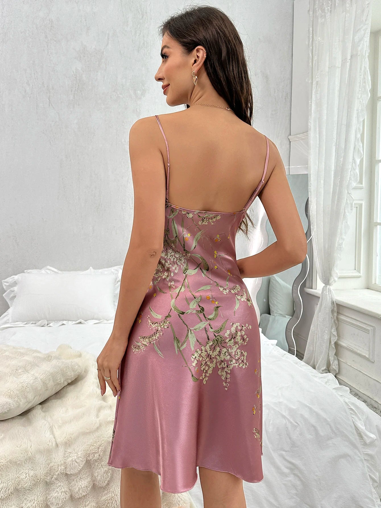 Floral Print Nightdress Sexy V Neck Spaghetti Strap Sleep Dress Women's Sleepwear Dresses