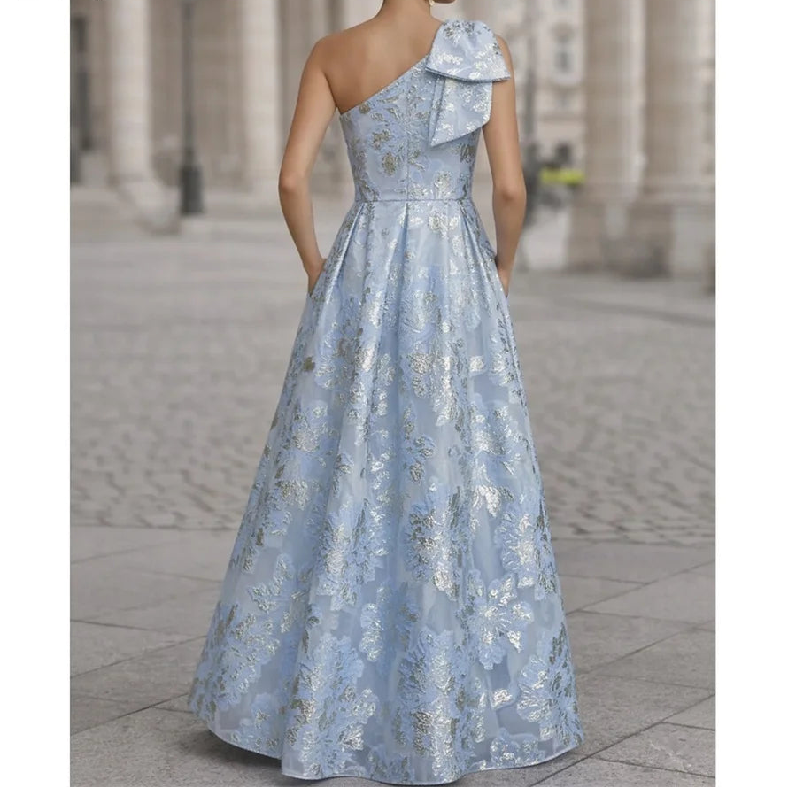 Blue A-line Single Shoulder Off-shoulder Women's Elegant Wedding Party Dress 2026