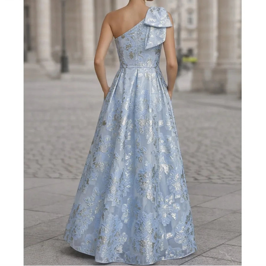Blue A-line Single Shoulder Off-shoulder Women's Elegant Wedding Party Dress 2026