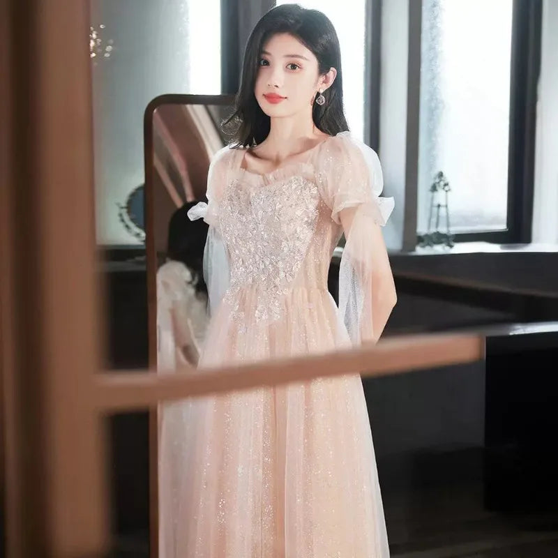 Stunning Mesh Evening Gown with Champagne Color Temperament, One Shoulder Fairy Style Long Banquet Gown, Sheer Dress Looks Slim