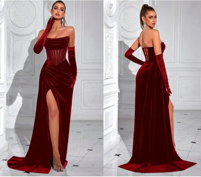 Elegant Korean Velvet Long Dress Sexy Fishbone Sash Strapless Evening Gown High End Adult Women's Fashion Summer 2025