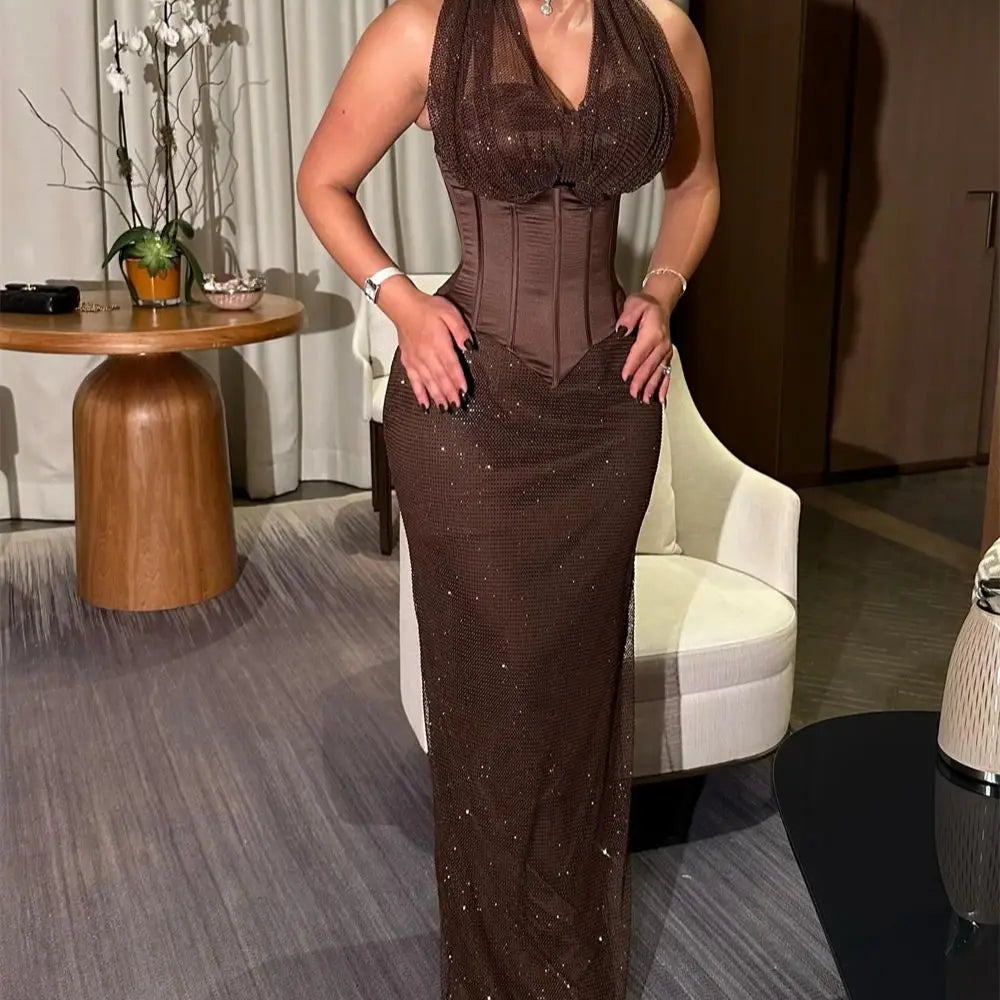evening dress sexy halter prom dress formal gown party dress glitter mesh V neck corset waist sequin maxi sheath