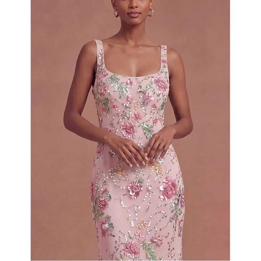 A-line Flower Square Neck Backless Evening Dresses Woman Elegant Woman Dress Women's Evening Dress for Weddings