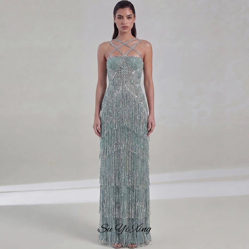 Elegant Strapless Sleeveless Evening Dress Customized Delicate Tiered Tassel Vestido De Noche Sparkly Beading Party Dresses