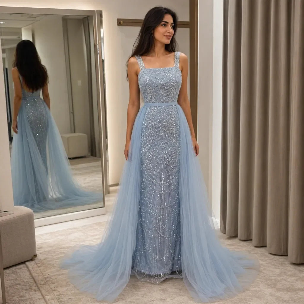 Lorrtta Tulle Square Collar Sky Blue A-Line Evening Dress 2026 Prom Dress Formal Evening Beading Elegant Ladies Customized New