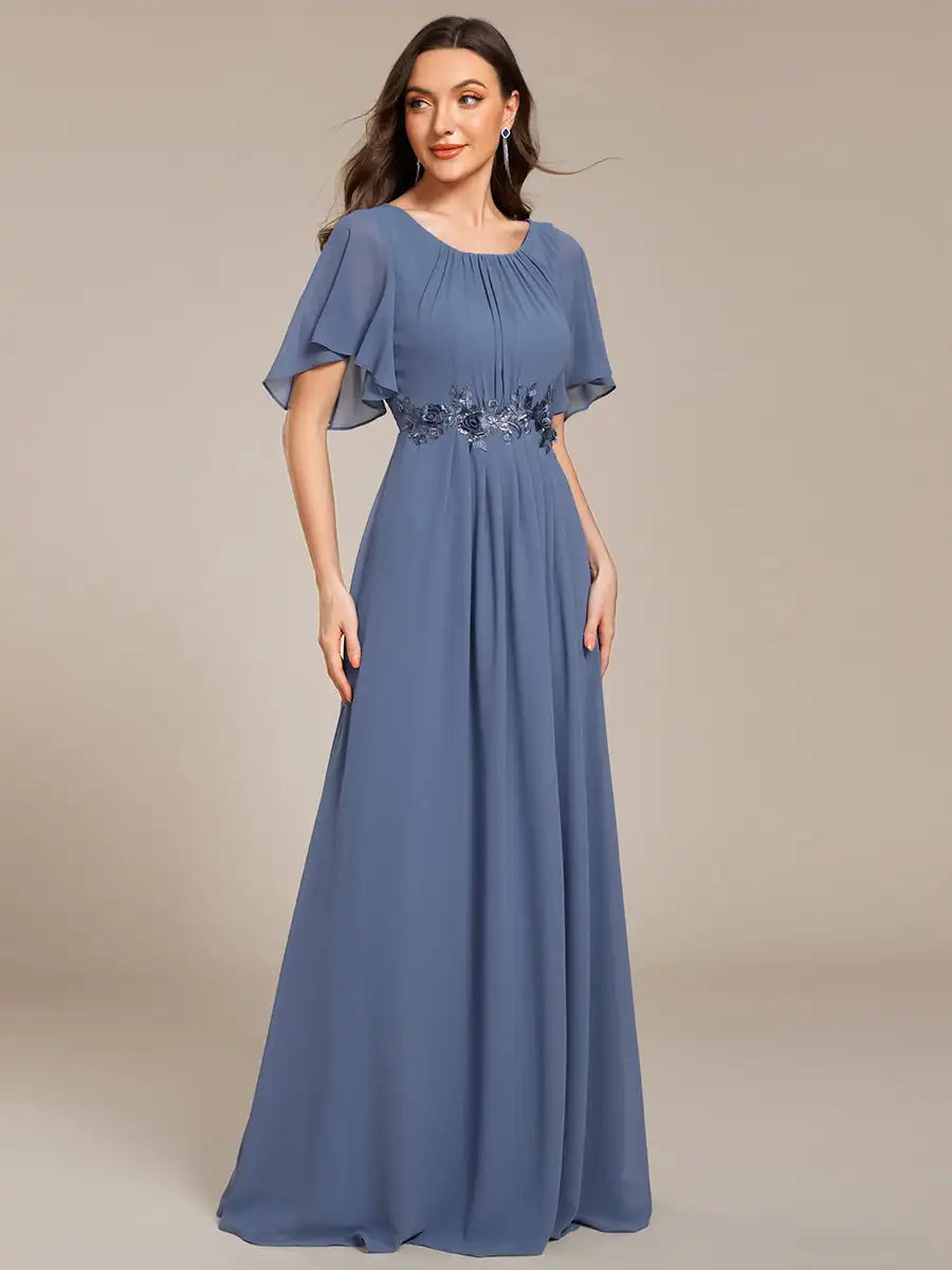 Elegant Evening Dresses Short Sleeves Pleated Applique Floor-Length Ever Pretty of A-Line Dusty Navy Bridesmaid Dress