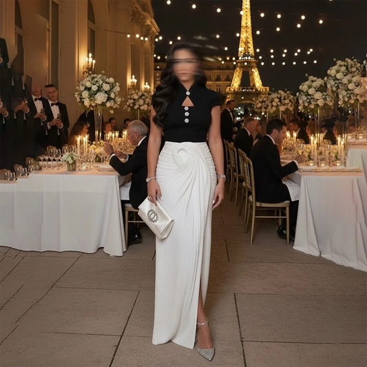 High Neck Pearl Button Jersey Evening Gowns Pleat Trumpet Fashion Contrast Color Party Dresses