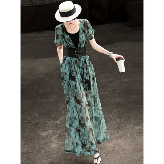 2026 New Summer Commuter V Neck Puff Short Sleeve Wide Buckle Belt High Waist Ink Print Flowy Wide Leg Jumpsuit