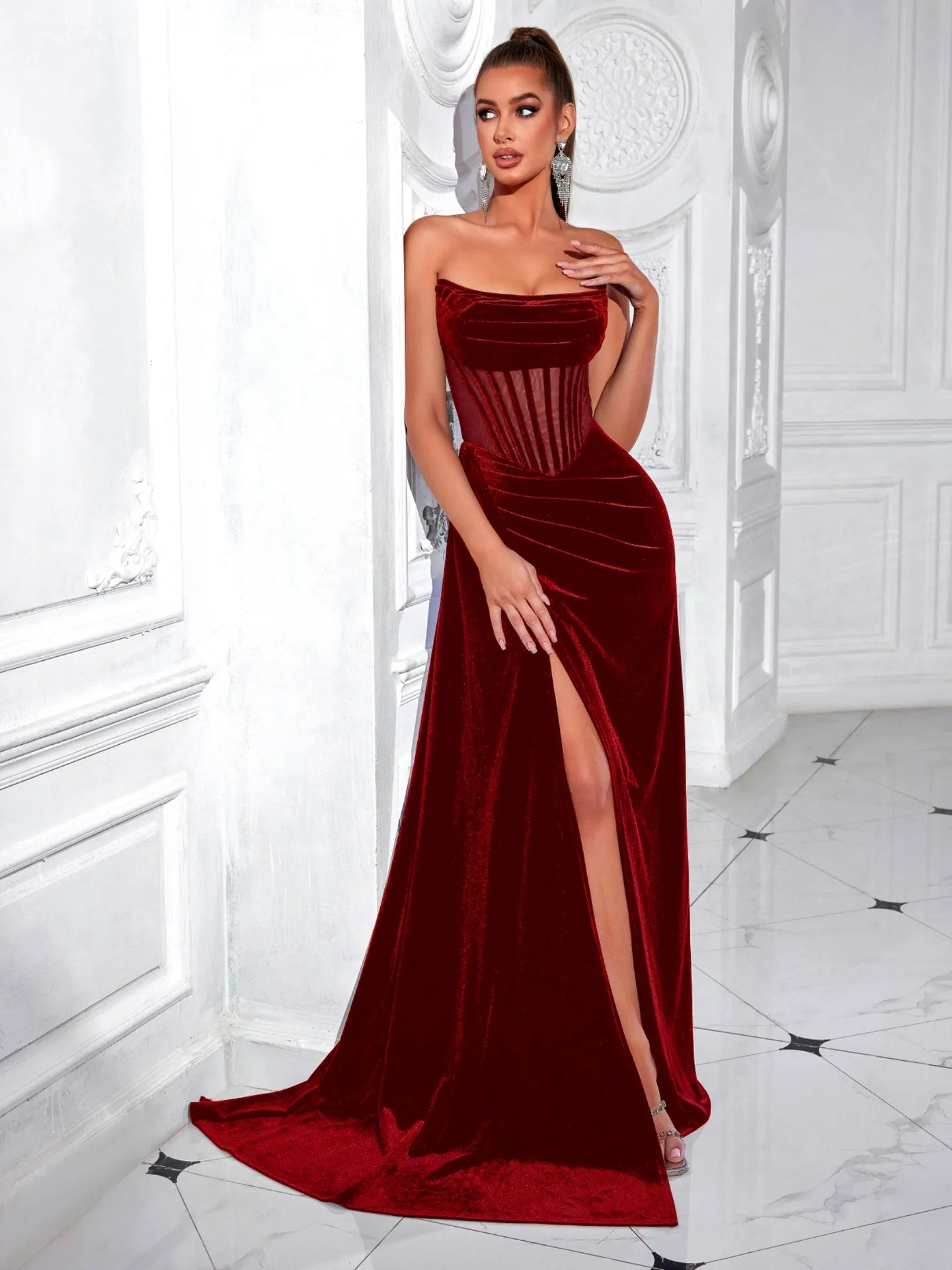 Elegant Korean Velvet Long Dress Sexy Fishbone Sash Strapless Evening Gown High End Adult Women's Fashion Summer 2025