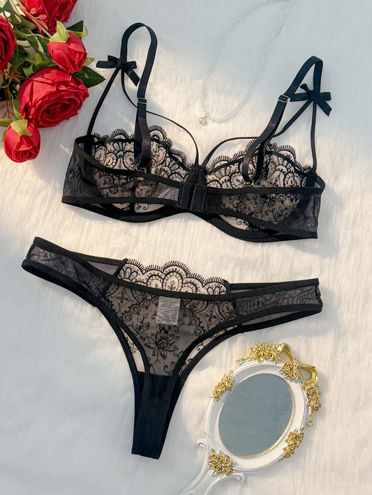 women's black comfortable lightweight bow semi transparent lingerie