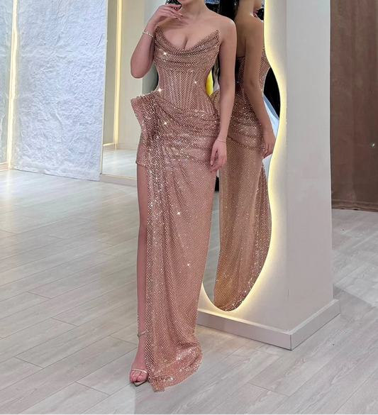 High Slit Pleated Mermaid Prom Dress Floor-length Strapless Evening Dress Sleeveless Party Dress