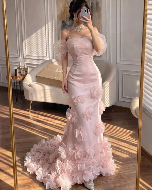 Pink Formal Mermaid Dress Ruched Strapless Bodice Off Shoulder Tulle Sleeve 3D Flower Floor Length Train Dress