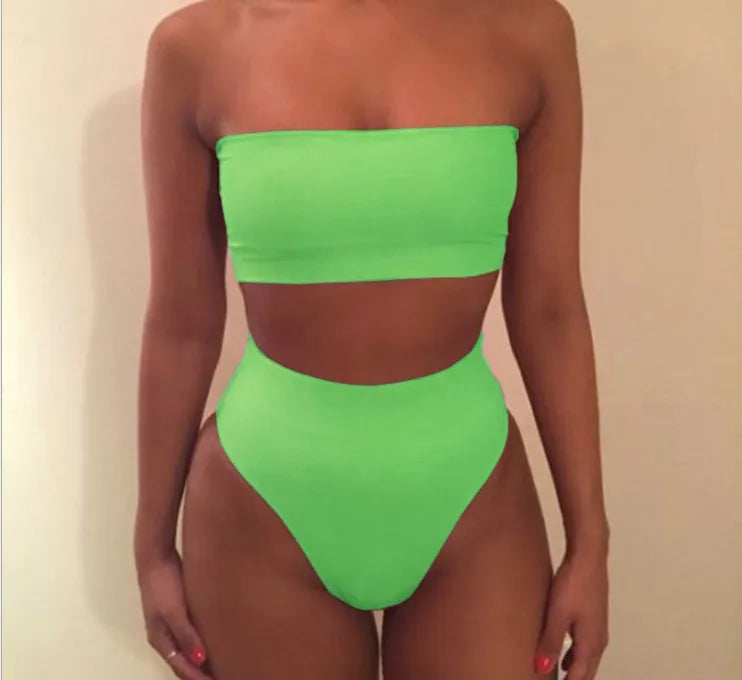 Women Strapless Tube Top Bikini Set High Cut High Swimwear Summer Beach Bathing Suit