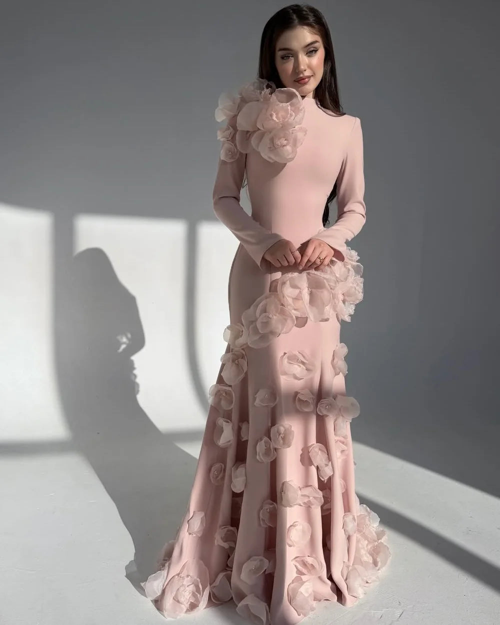 High Quality Women Jersey Handmade Flower Beading Mermaid Evening Dresses Classic High Collar Long Sleeves Party Gown