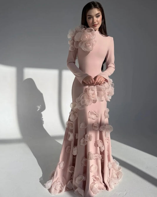 High Quality Women Jersey Handmade Flower Beading Mermaid Evening Dresses Classic High Collar Long Sleeves Party Gown
