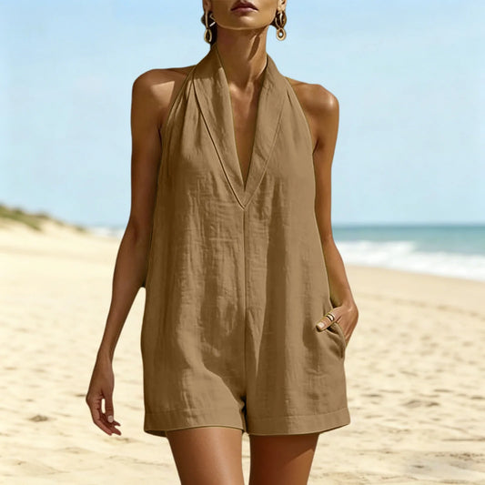 Holiday Style Solid Color V-neck Jumpsuit Shorts Women's Loose Sleeveless Slimming Wide Leg Casual Jumpsuit