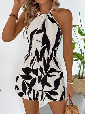 Women's Black & White Leaf Print Halter Romper, Sleeveless Tie Back Elastic Waist Short Jumpsuit, Casual Summer Wear