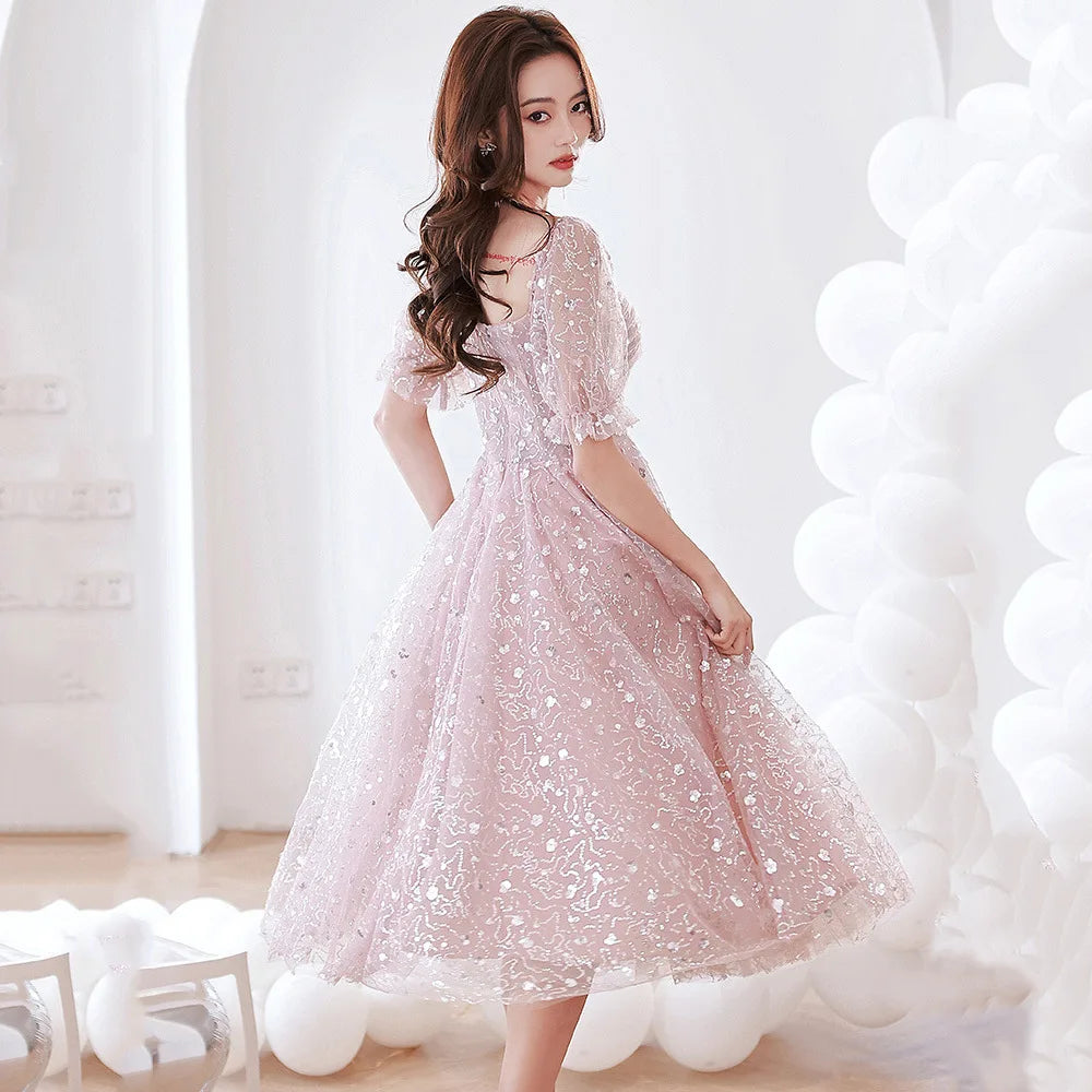 Pink Evening Prom Dresses for Women Sparkling Lantern Sleeve Summer Sexy Middle Party Birthday Ball Gown Dress Formal Vestidos