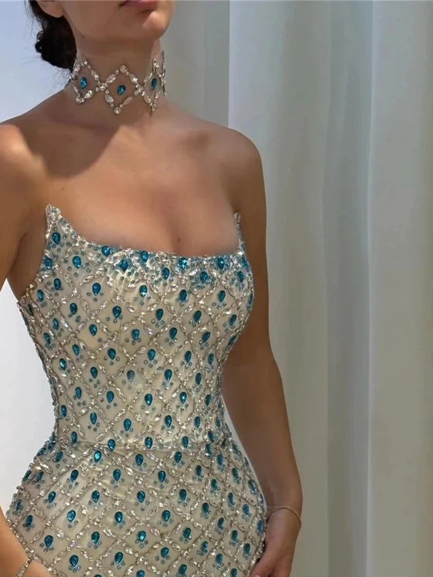Luxury Mermaid Evening Dresses for Women Rhinestones Strapless Dubai Formal Party Gowns Vestidos De Fiesta