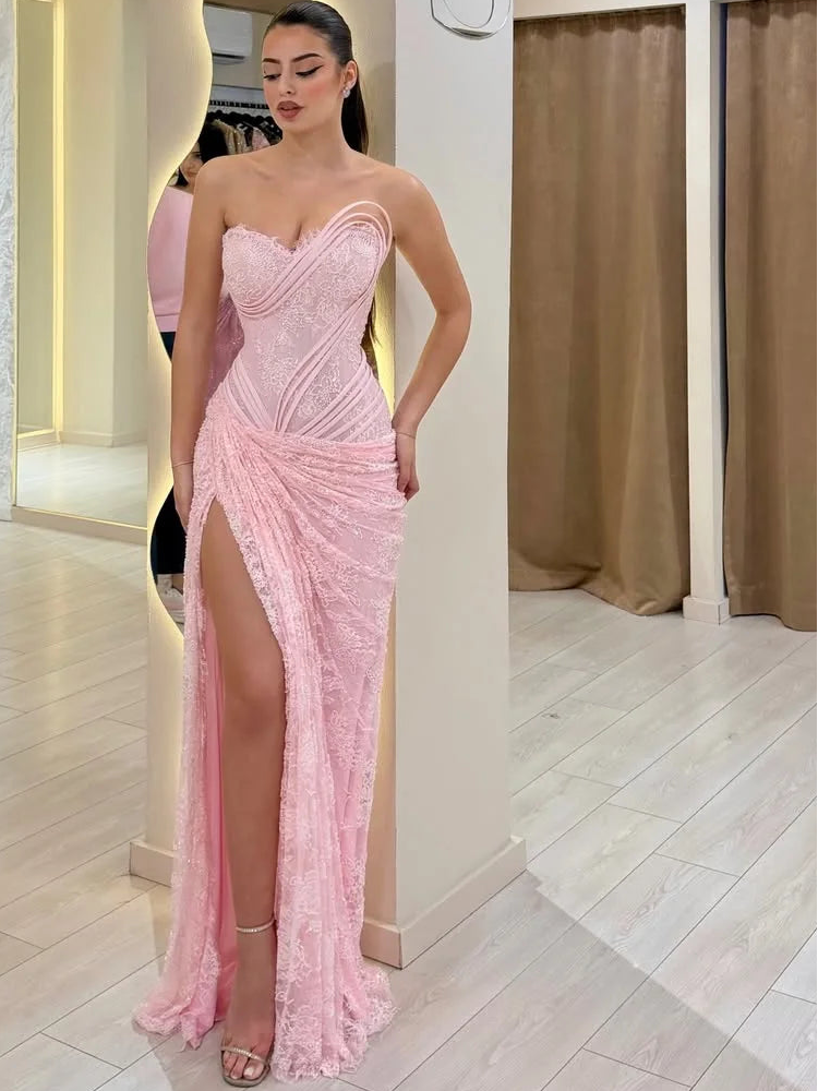 Pink Strapless Evening Gown Lace Corset Bodice Ruched Pleat Wrap Skirt High Slit Maxi Formal Prom Bridesmaid Dress