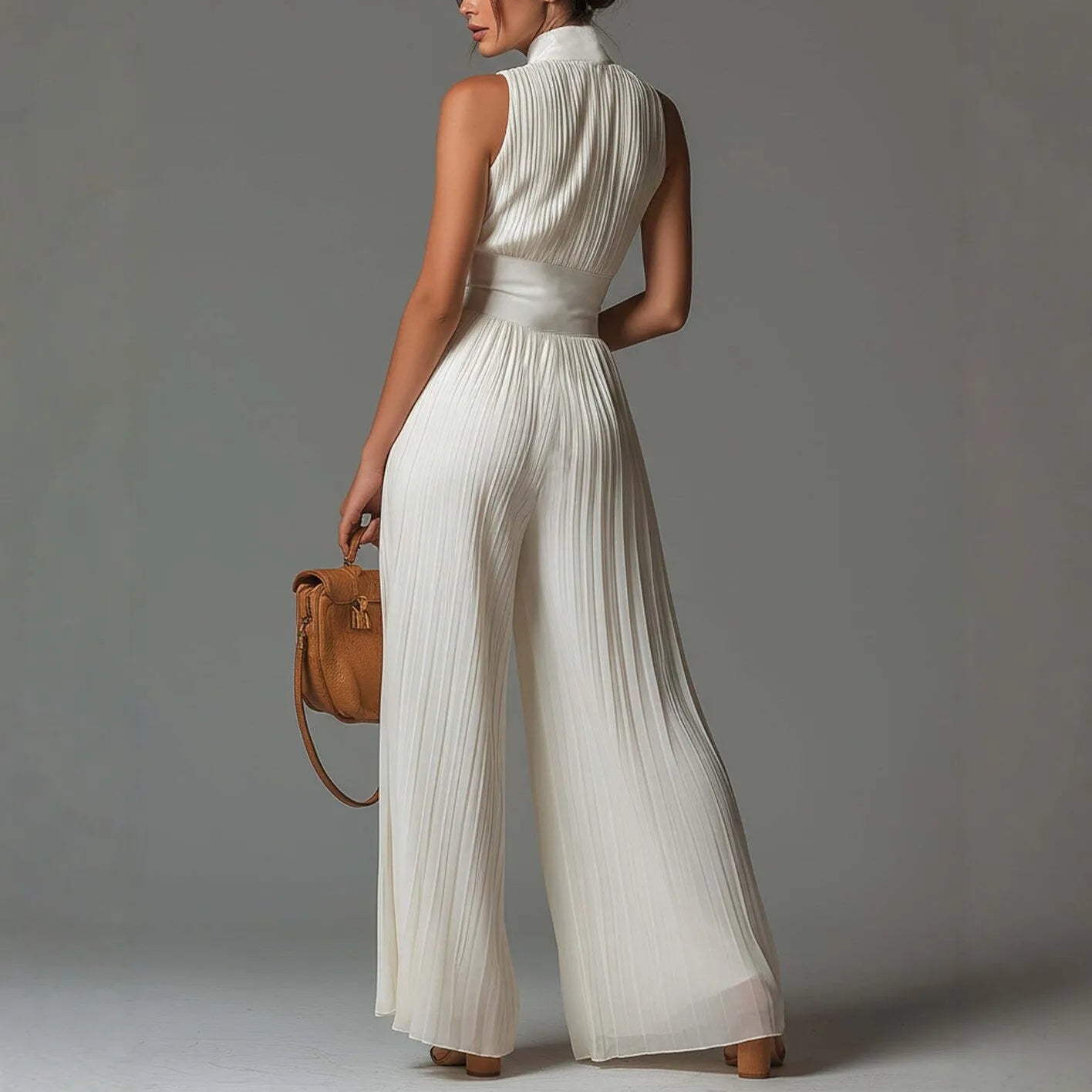 Women Elegant Chiffon Sleeveless Jumpsuit High Waist Pleated Flowy Wide Leg One Piece Overalls Holiday Casual Streetwear Rompers