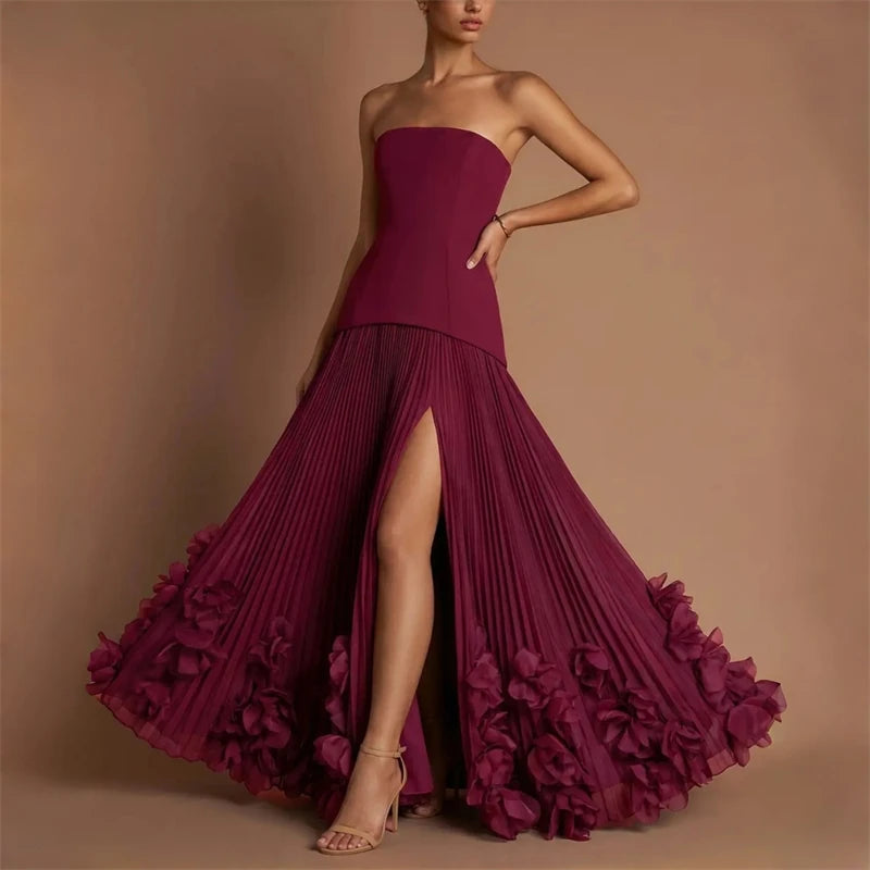 Burgundy Strapless Corset Bridesmaid Maxi Dress Stretch Crepe Bodice Pleated Chiffon Skirt High Side Slit 3D Floral A Line Dress