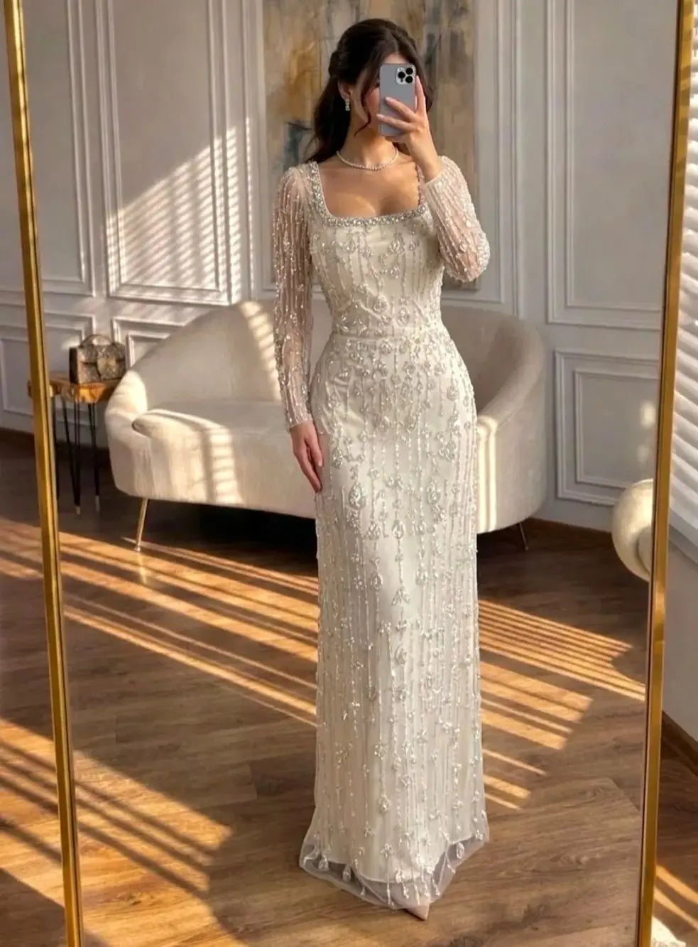 European Evening Dress Customized Ivory Tulle STRAIGHT Floor Length With Sequins Evening Dress Robes De