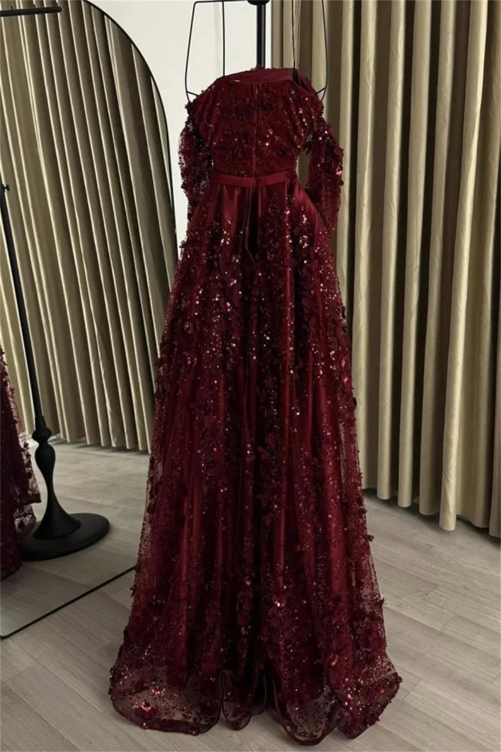 Burgundy 3D Floral Evening Dress Sequin Waistband Prom Dresses Elegant Vestidos De Noche MeshFormal Evening