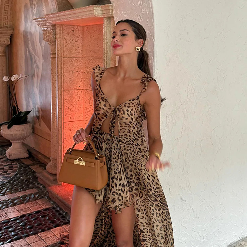Summer 2026 New Arrival Women's Beach Vacation Dress Set chiffon Print Halter Long Dress Loose Leopard Print Shorts Dress Suit