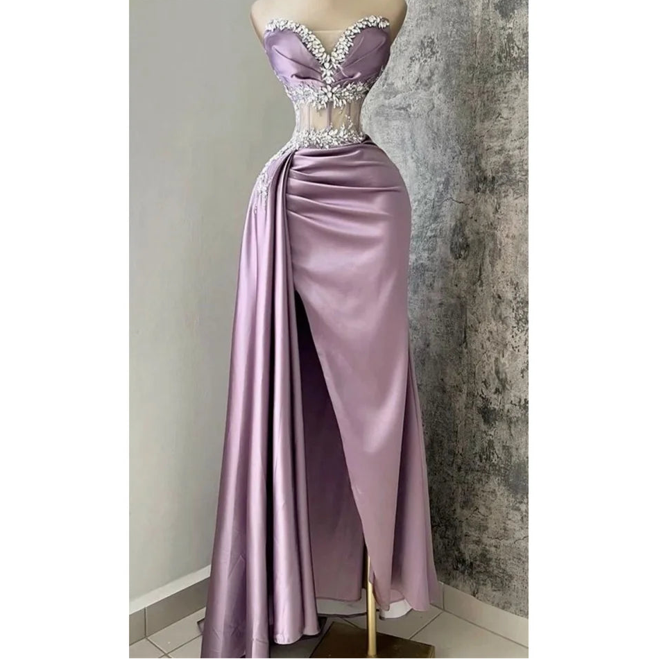 Pink A-line Satin Evening Dress Strapless Sleeveless Beading Wedding Dresses Side Splite vestidos de fiesta 2024