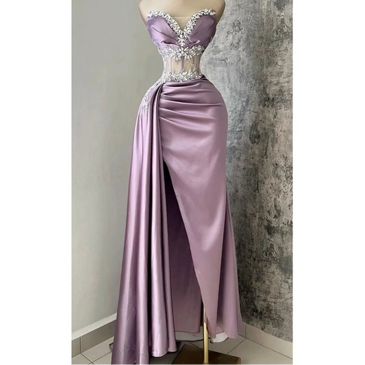 Pink A-line Satin Evening Dress Strapless Sleeveless Beading Wedding Dresses Side Splite vestidos de fiesta 2024