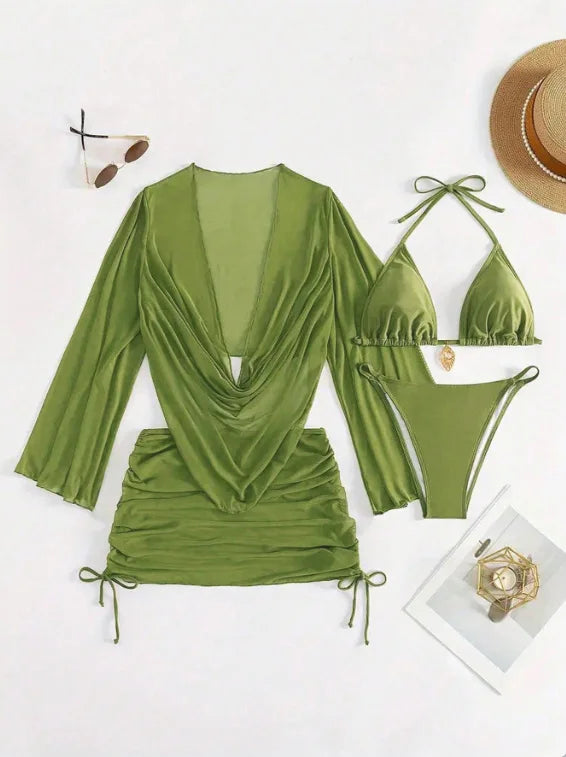 Sexy Solid Color Bikini Set With Sheer Cover-Up, Suitable For Vacation, Beach Party, Perfect For New Year And Valentine's