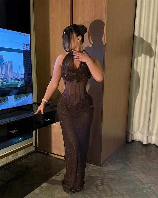 evening dress sexy halter prom dress formal gown party dress glitter mesh V neck corset waist sequin maxi sheath
