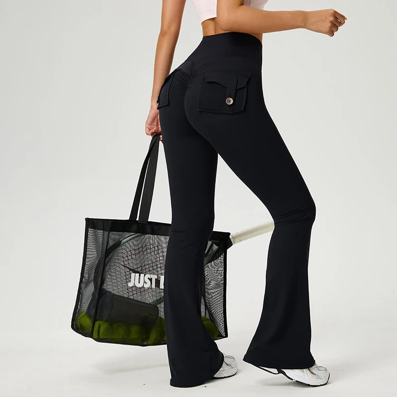 Yoga Pants Pocket Back Flare Leggings Sports Fitness High Waisted Scrunch Leggings Workout Trousers Gym Woman Clothing