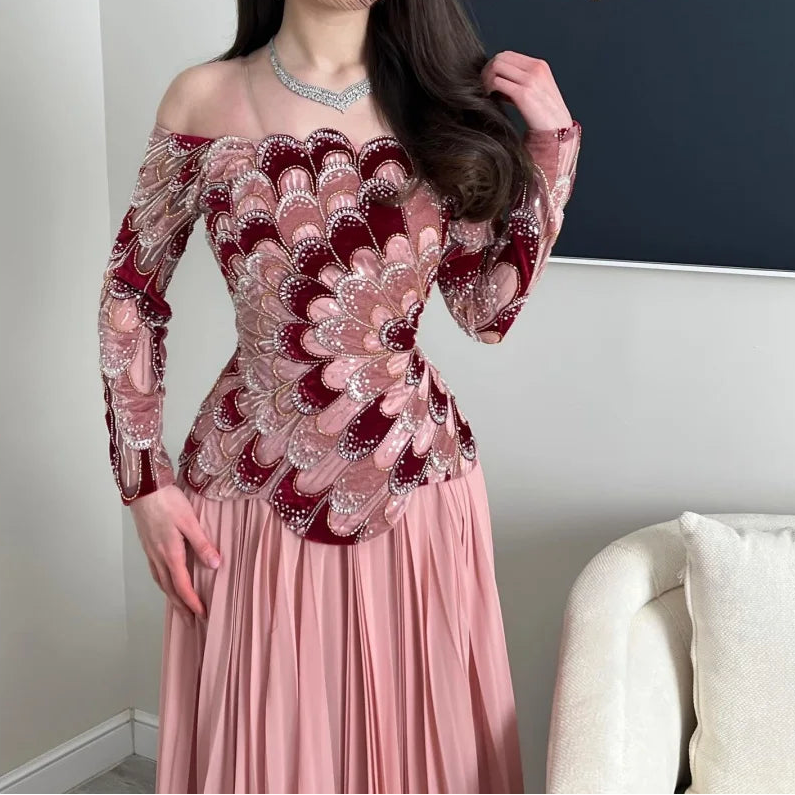 Blush Pink Off Shoulder Mesh Prom Dress Long Sleeve vestidos de noche Beaded Floral Embroidery Evening Dresses