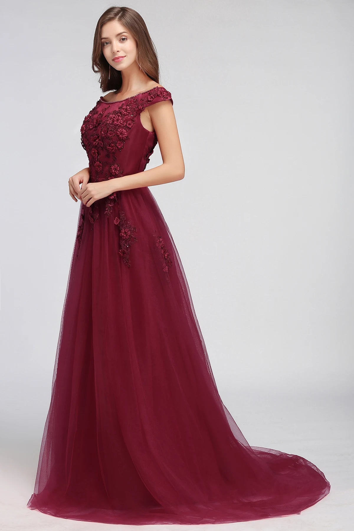 Evening Dress Off-shoulder Bodice Paddigns 3D Flowers Beading Top  Long Skirt Tulle Formal Party Ball
