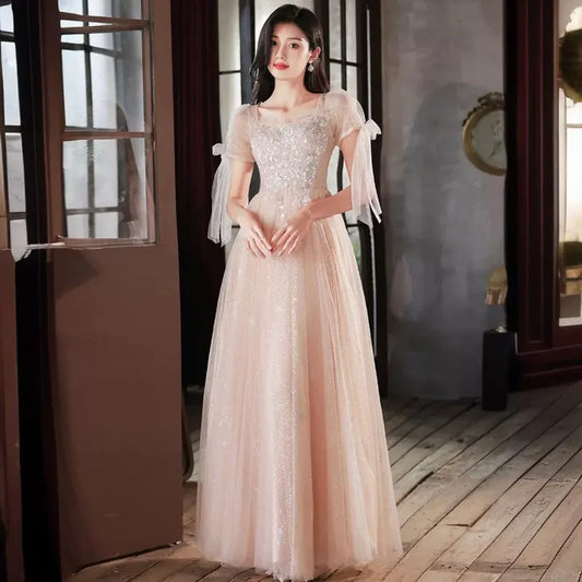 Stunning Mesh Evening Gown with Champagne Color Temperament, One Shoulder Fairy Style Long Banquet Gown, Sheer Dress Looks Slim
