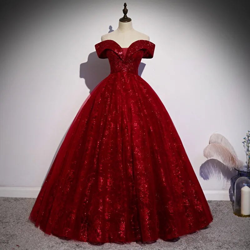 New Long Elegant Fit-and-Flare Evening Gown with One-Shoulder Tie-Up for Hostess and Art Examination, Women's Red Tulle Dress