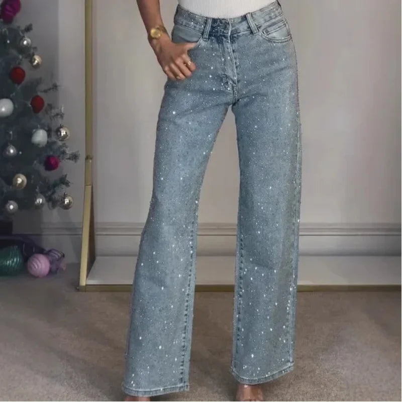 2025 Women Jeans Straight Diamonds Pants Stretch High Waist Washed Mom Jeans  Streetwear Trousers Vintage Denims Streetwear