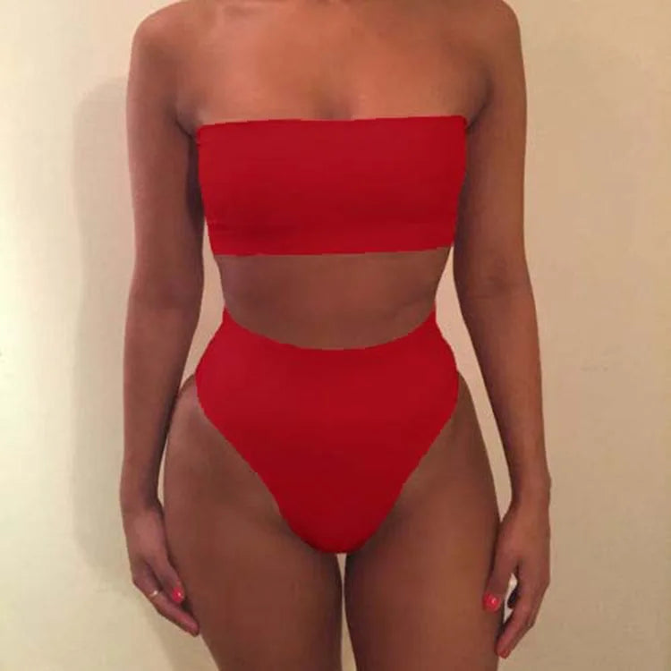 Women Strapless Tube Top Bikini Set High Cut High Swimwear Summer Beach Bathing Suit