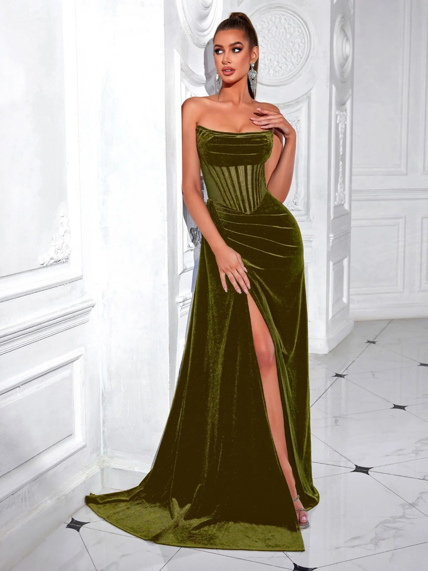 Elegant Korean Velvet Long Dress Sexy Fishbone Sash Strapless Evening Gown High End Adult Women's Fashion Summer 2025