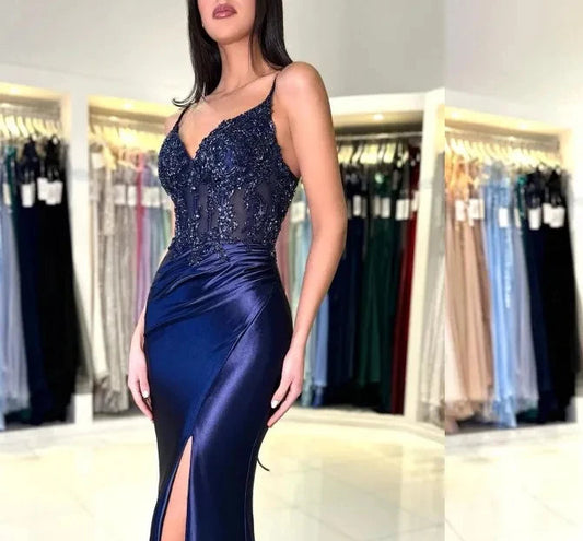 Blue Evening Dress Women Lace Applique Floor Length Suspenders Bridal Formal Long Tight Sexy Ball Gowns Party Pageant Dress