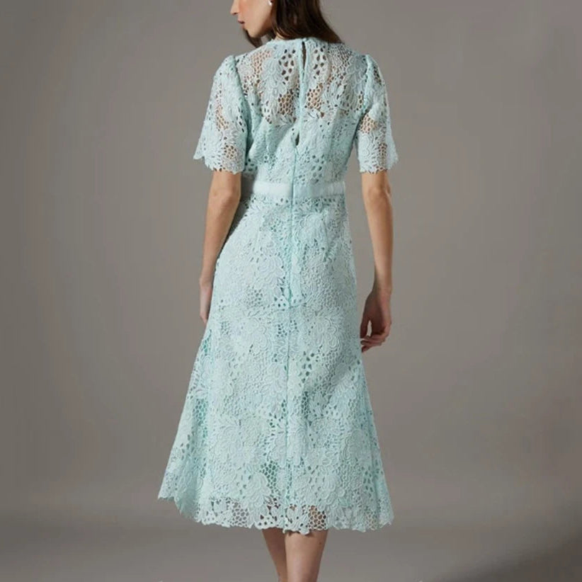 Women's A-line Evening Dresses Tea-length O-neck Short Sleeve Prom Dresses Fashion Sashes Simple Draped Customized