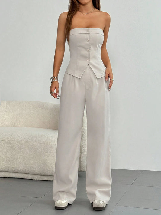 Women's Solid Button Front Tube Top & Wide Leg Pants Two-piece Set, Casual Fashion Cozy Top & Trousers for Daily Outdoor Wear, L