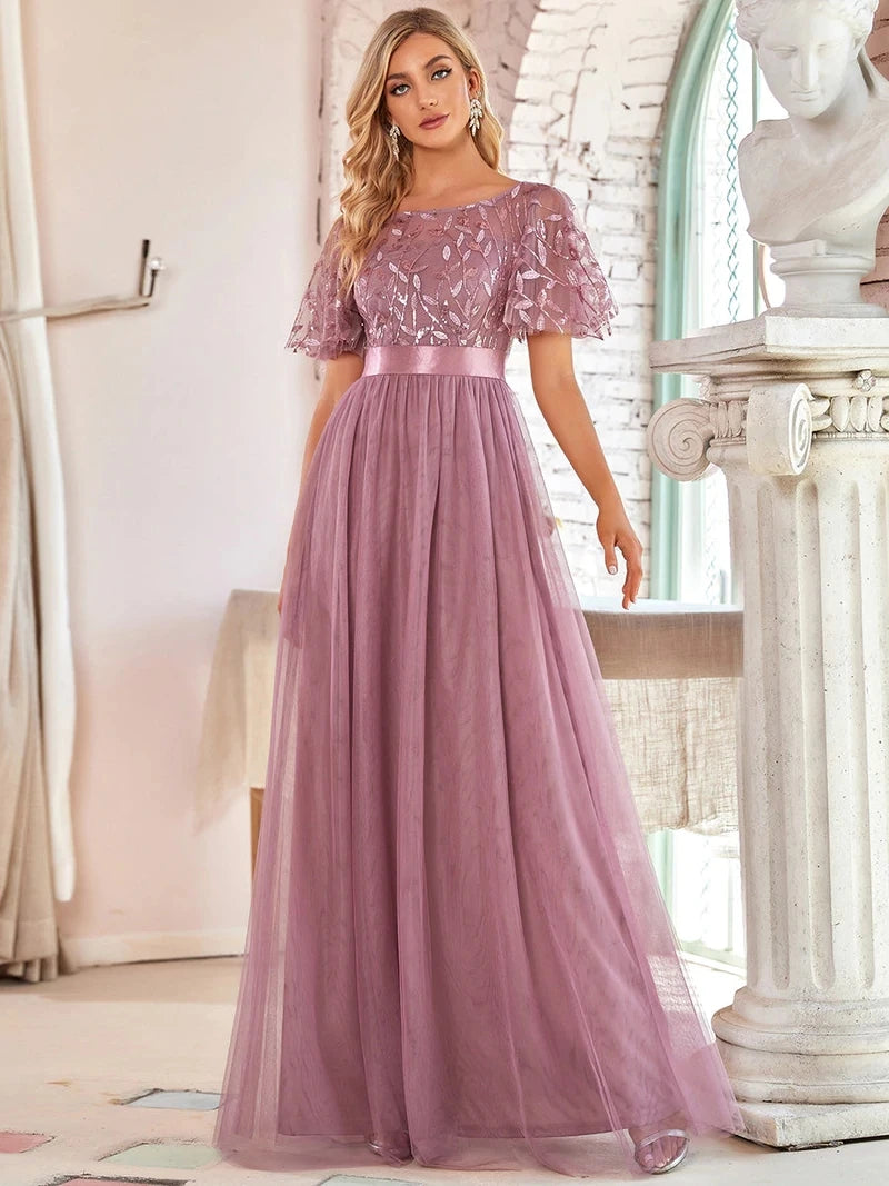 Print Maxi Long with Cap Sleeve Ever Pretty of Burgundy Gauze Prom Dresses Of Women
