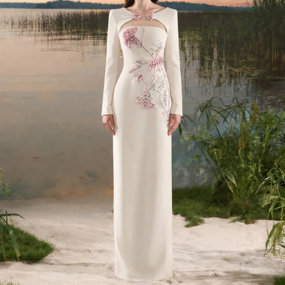 Floor-length Scoop-neck Full Sleeve Prom Gown Fashion Crystal Flowers