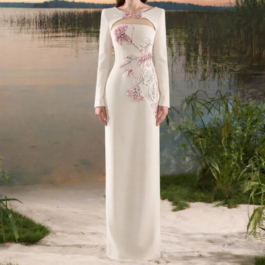 Floor-length Scoop-neck Full Sleeve Prom Gown Fashion Crystal Flowers