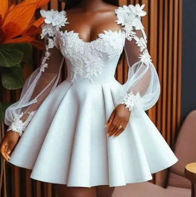 Satin Evening Dress Women Lace Knee Length Full Sleeves Bridal Formal Long Ball Gowns Trend Pageant Dress